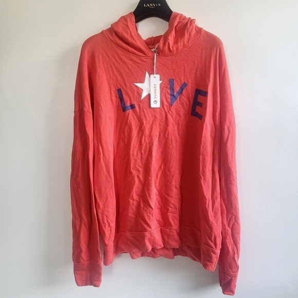 New Sundry Anthro Love Star Print Red Hoodie Pullover Sweatshirt NWT 2/Medium - Picture 4 of 10